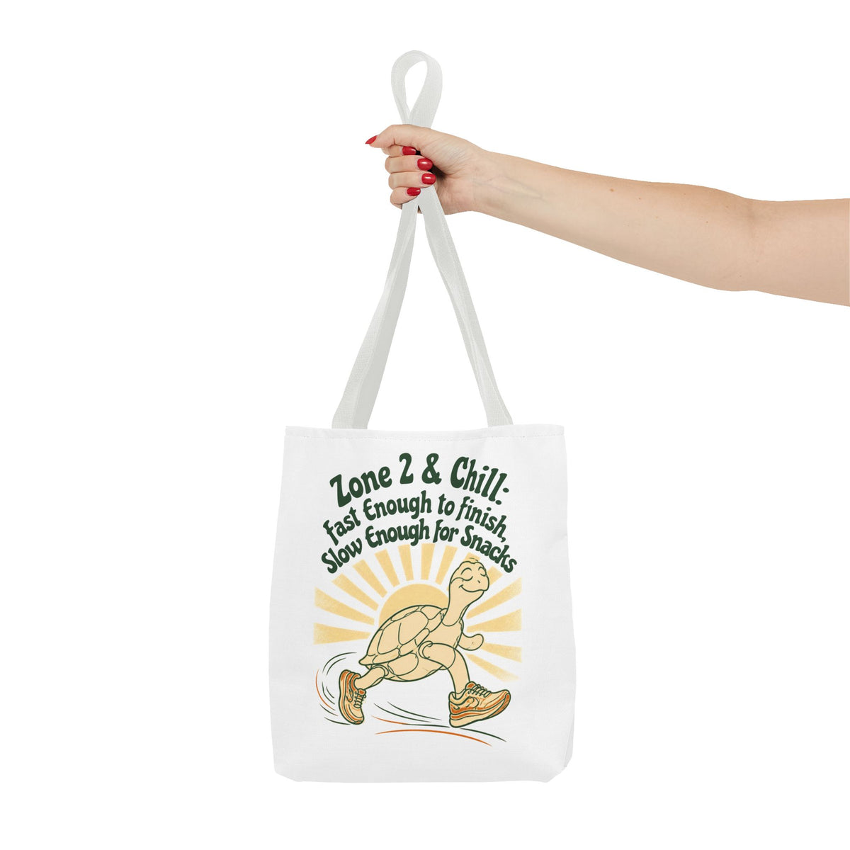 Tote Bag — "Zone 2 & Chill: Fast Enough to Finish, Slow Enough for Snacks" Running Turtle Tote