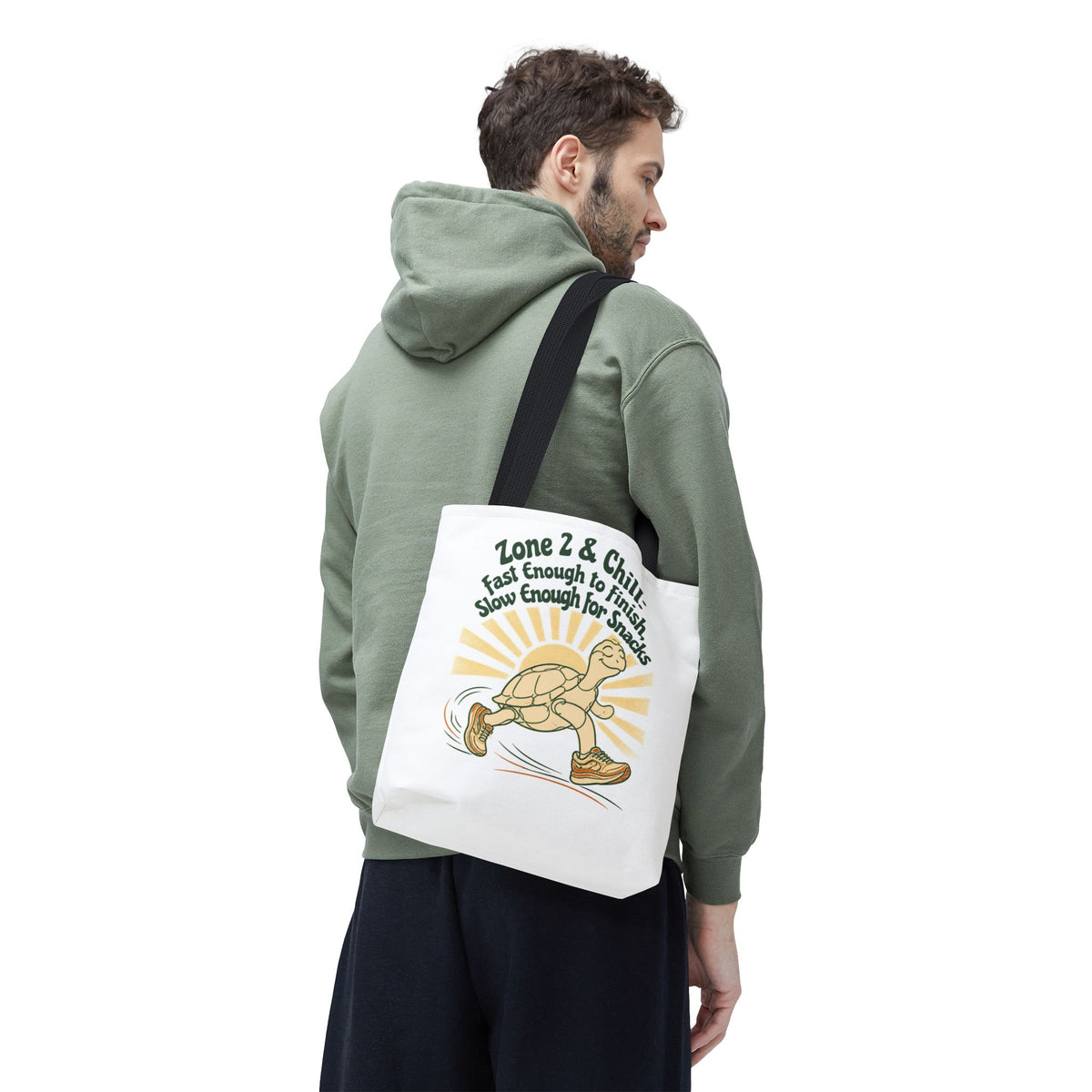 Tote Bag — "Zone 2 & Chill: Fast Enough to Finish, Slow Enough for Snacks" Running Turtle Tote