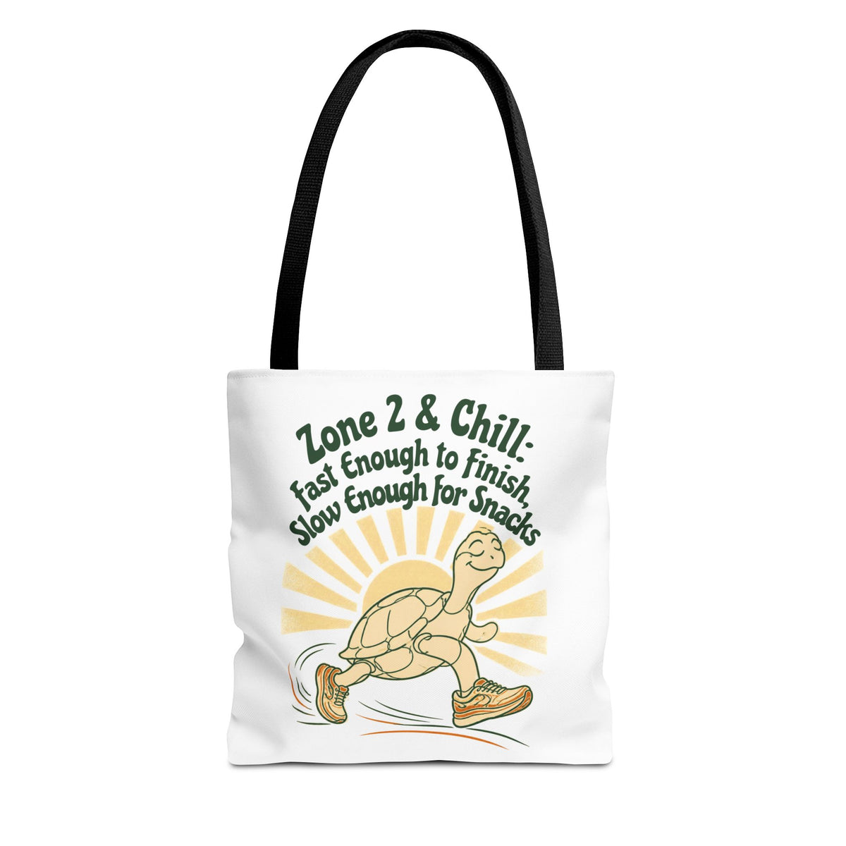 Tote Bag — "Zone 2 & Chill: Fast Enough to Finish, Slow Enough for Snacks" Running Turtle Tote