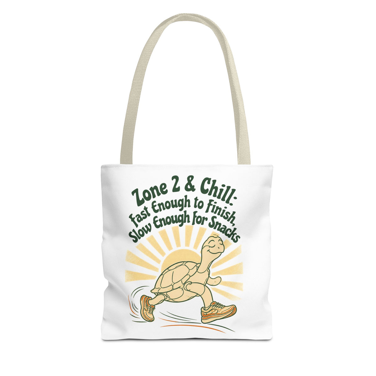 Tote Bag — "Zone 2 & Chill: Fast Enough to Finish, Slow Enough for Snacks" Running Turtle Tote
