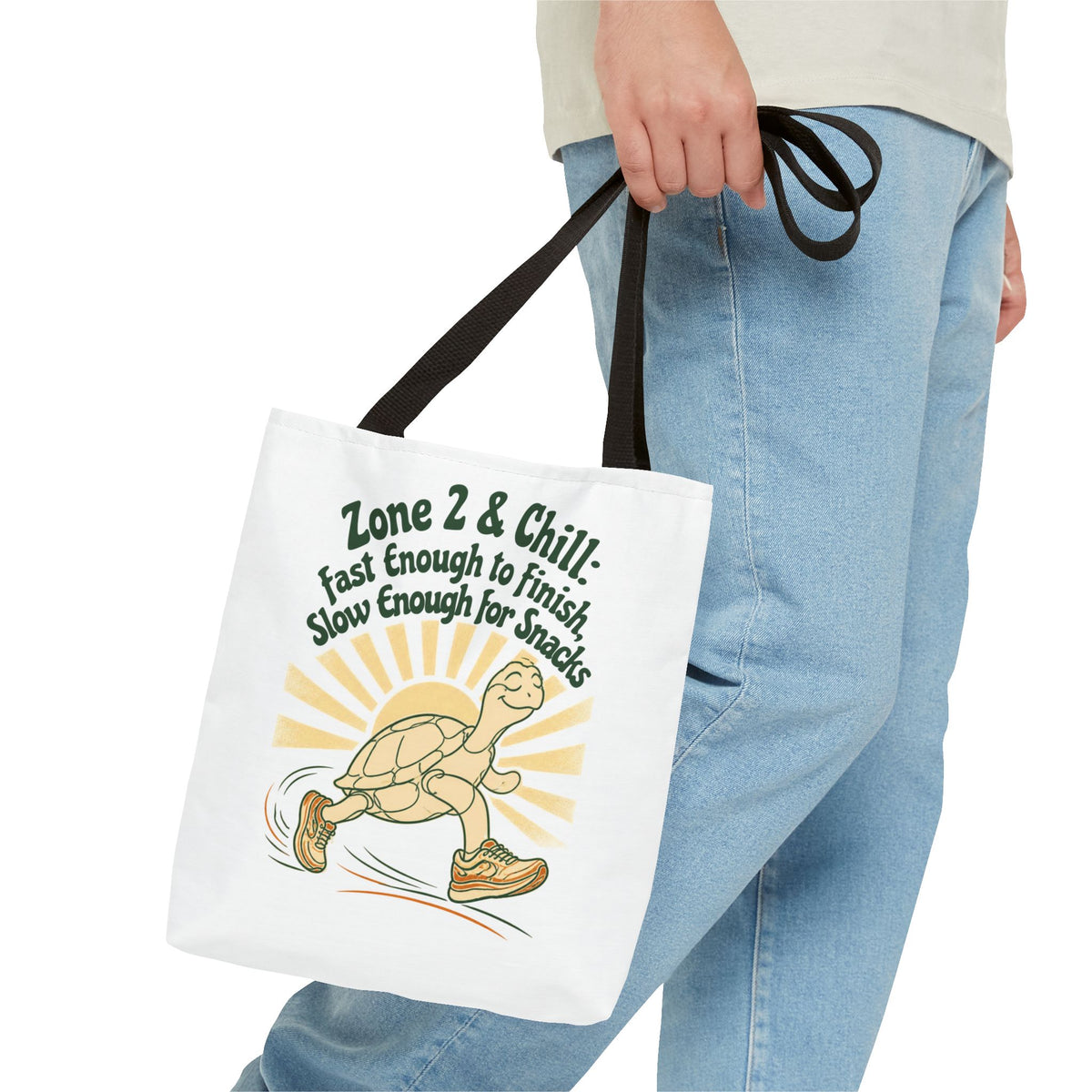 Tote Bag — "Zone 2 & Chill: Fast Enough to Finish, Slow Enough for Snacks" Running Turtle Tote