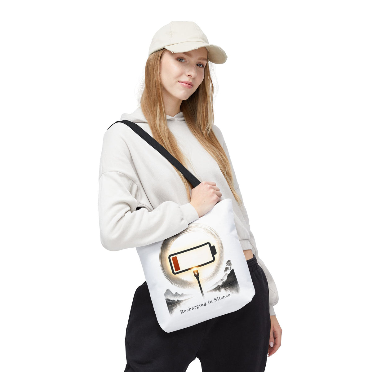 Recharging in Silence Tote Bag — Low Battery Zen Aesthetic Canvas Tote