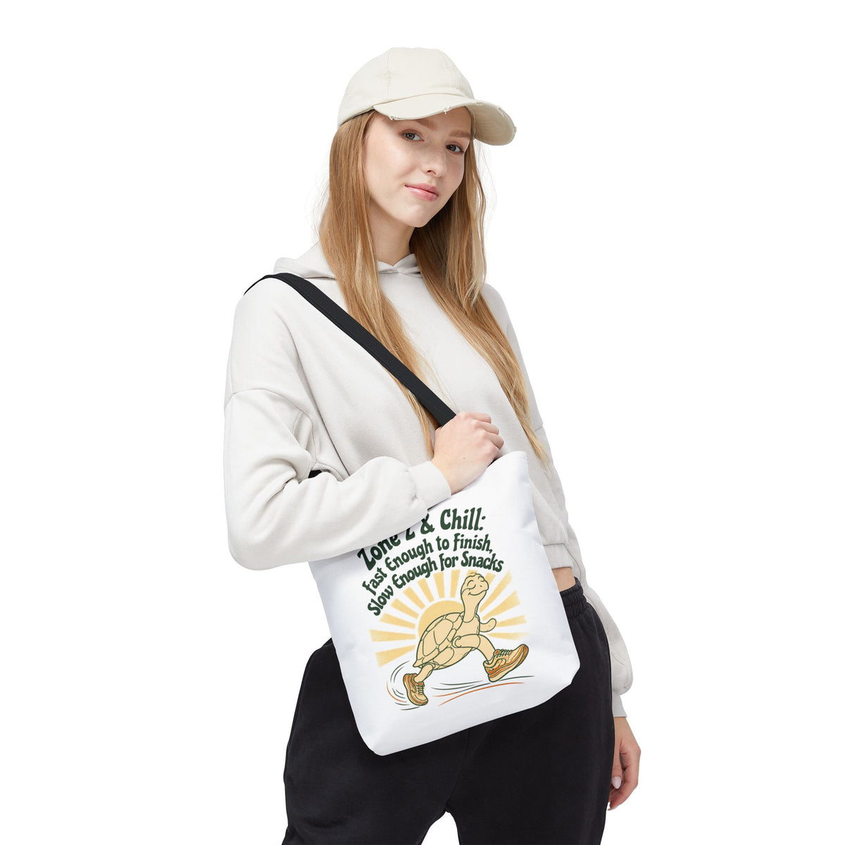 Tote Bag — "Zone 2 & Chill: Fast Enough to Finish, Slow Enough for Snacks" Running Turtle Tote
