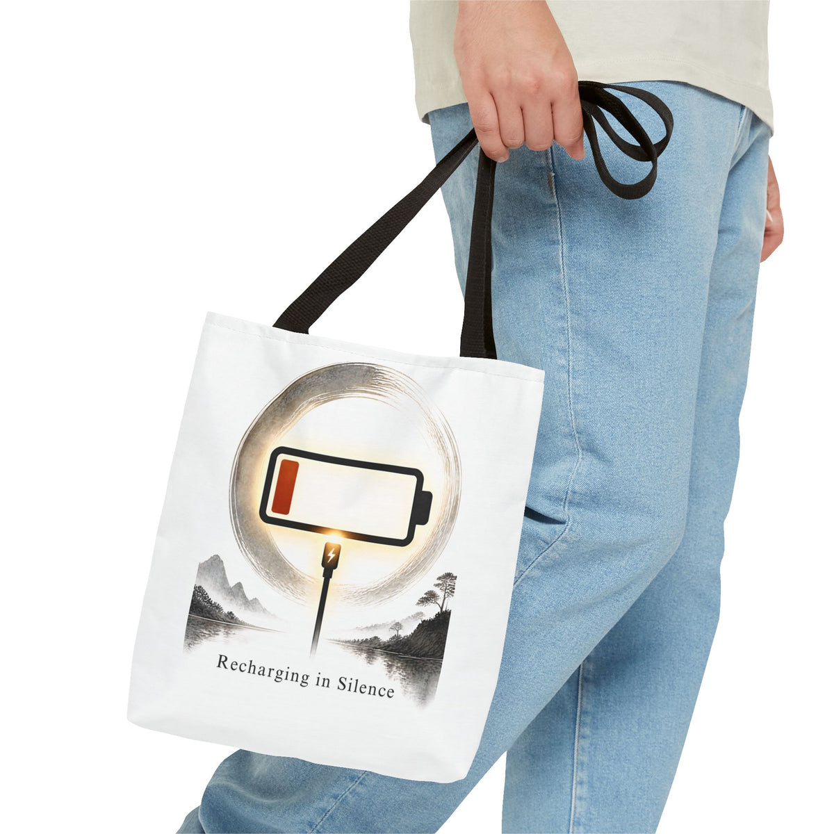 Recharging in Silence Tote Bag — Low Battery Zen Aesthetic Canvas Tote